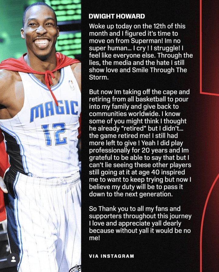 魔兽霍华德长文宣布退役 结束20年篮球职业生涯